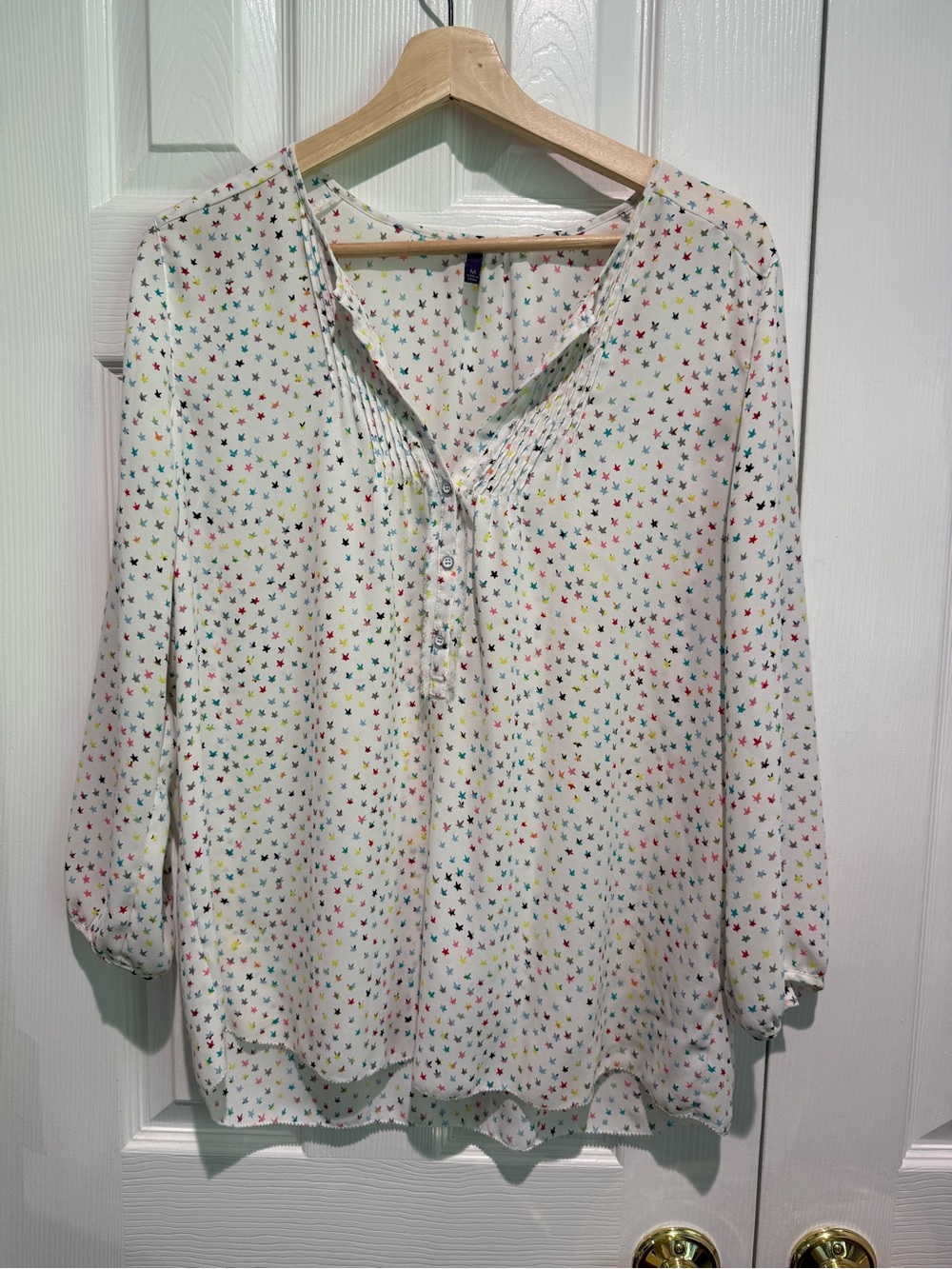 NYDJ Cream Long-Sleeve Star Print Tunic Blouse